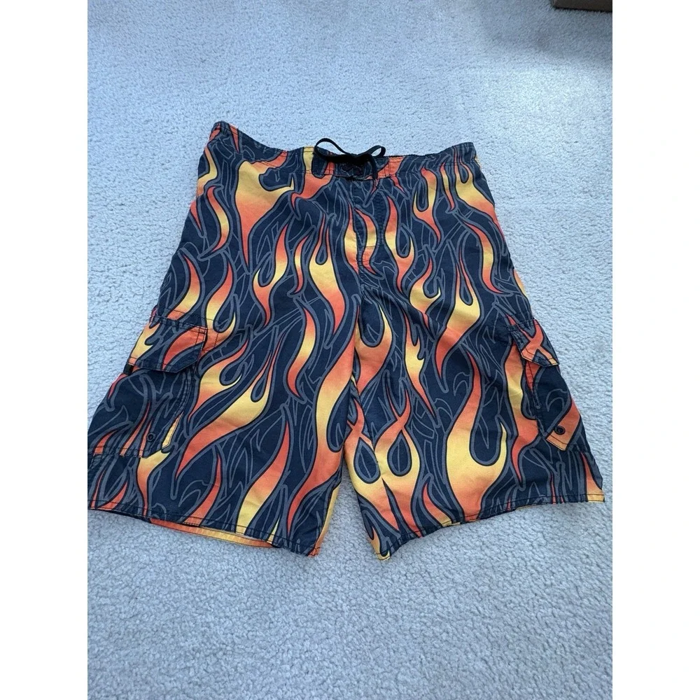 Hang Ten All Over Flame Print Board Shorts Swim Trunks Black Red Yellow Size XL